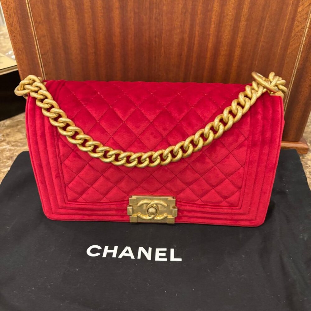 CHANEL Red Quilted Velvet Boy Bag in Gold Hardware
